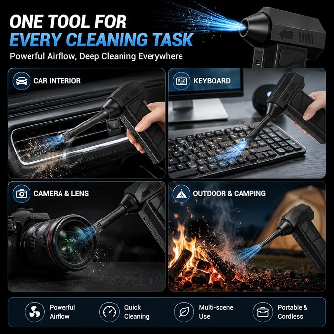 Bestmotoring Electric Air Duster, 130000 RPM Rechargeable Compressed Air Duster with Dual 21700 Batteries, Cordless Air Blower for PC Cleaning, Keyboard Cleaner and Car Detailing