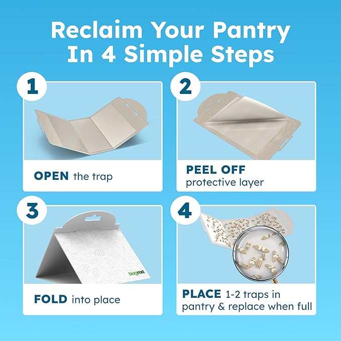 BugMD Pantry Moth Traps (12-Pack) – Pheromone-Based Sticky Glue Traps, Non-Toxic, Kills Indian Meal Moths – Kitchen & Food-Storage Safe - White