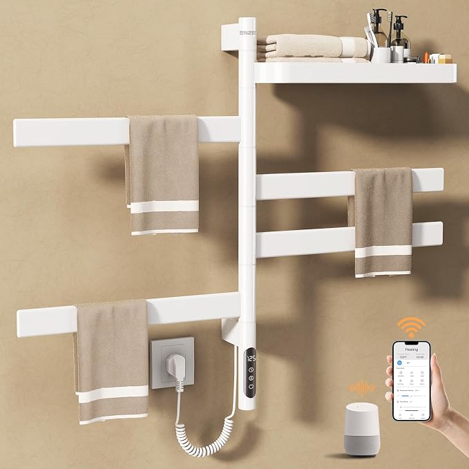 ENZE Smart Rotating Heated Towel Rack for Bathroom, 4-Bar Wall-Mounted Electric Towel Warmer with Swivel Shelf, Wi-Fi App Control, 24H Timer, Stainless Steel, IPX5, Hardwired/Plug-in, White