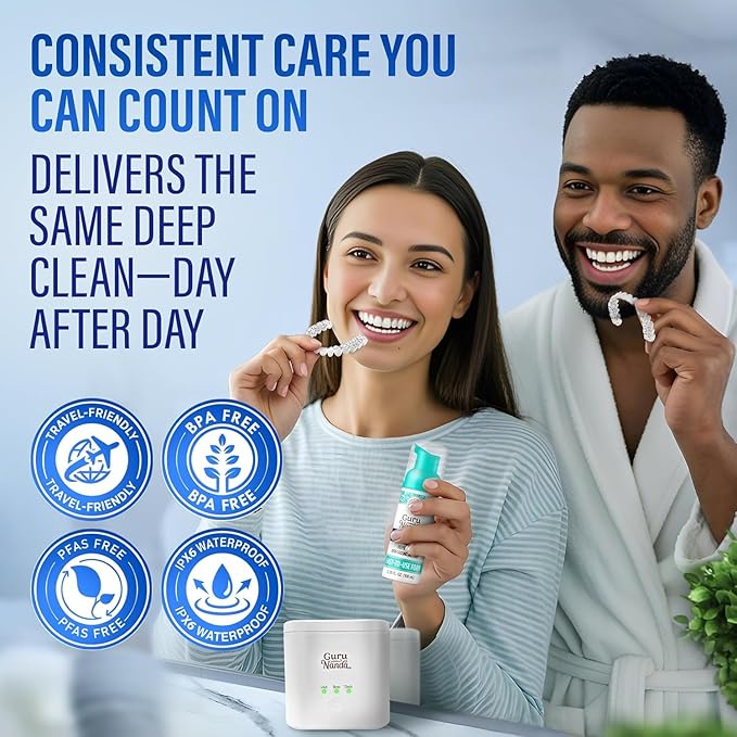 GuruNanda Retainer Cleaner Set – Ultrasonic & UV Cleaning Pod & Aligner Cleaning Foam, Deep Clean & Odor Neutralization for Retainers, Aligners, Dentures & Mouthguards
