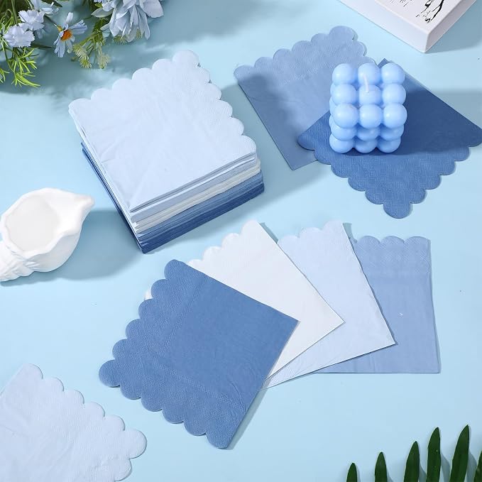300 Pack Dusty Blue Napkins, 5 x 5 Inch Disposable Scalloped Gradient Blue Cocktail Napkins Thick Beverage Napkin for Wedding Birthday Party Supplies