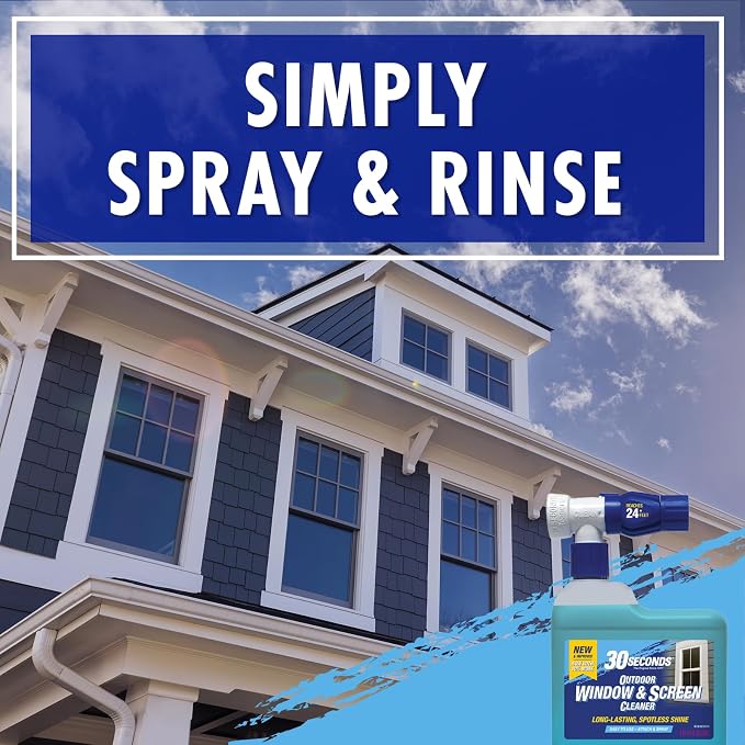 30 SECONDS Outdoor Window & Screen Concentrated Cleaner for Glass, Patio Doors, Fiberglass, Furniture - No Screen Removal Required, Spray & Rinse - Hose End Spray Attachment (5 PACK)