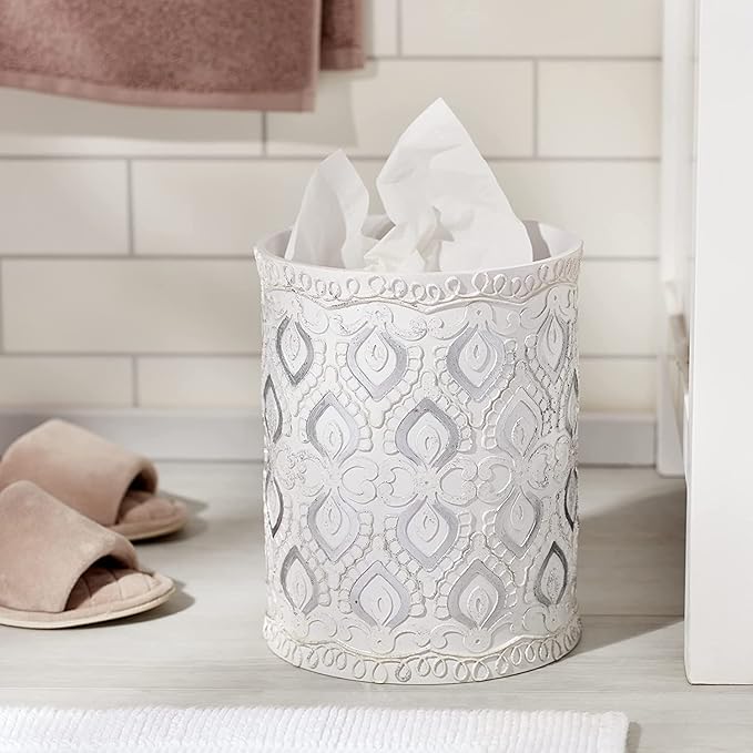 Zahari Home 2pc Monaco Modern Bath Accessories Set Waste Basket & Tissue Box Cover Modern Classic Contemporary Decorative Beautiful Designs Bathroom Decor Set for Home Luxury Bath Set