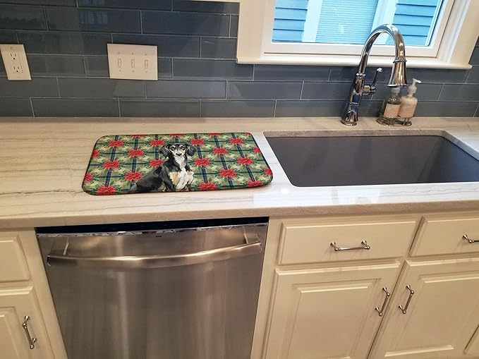 Caroline's Treasures Black and Tan Saluki Christmas PoinsettIas Dish Drying Mat Absorbent Dish Drying Mat Pad for Kitchen Counter Dish Drainer Mat for Countertop, 14 x 21", Multicolor