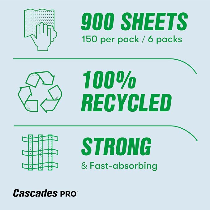 Cascades PRO Tuff-Job Wipers – Disposable Pop-Up Dispenser – Heavy-Duty Cleaning Towels for Shop, Garage, Janitorial, Automotive, Commercial use – 150 Sheets/Pack, 6 Packs/Box – W202 - White