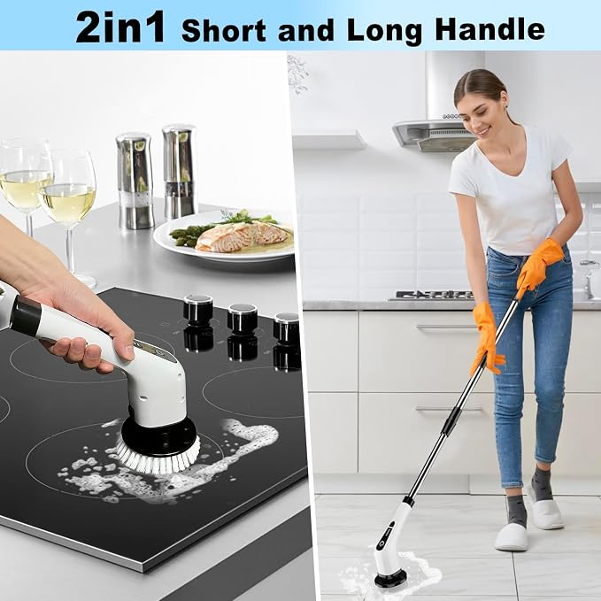 Electric Spin Scrubber for Cleaning Bathroom: Granvell Shower Cleaner Brush with 7 Replaceable Heads & Long Handle, Cordless Power Scrub Tools for Bath Tub Floor Tile