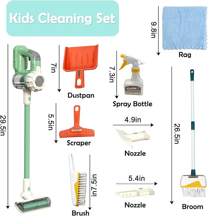 Kids Vacuum that Really Works 9Pcs Aged 3+ Kids Cleaning Set for Toddlers Toy Cleaner Broom and Dustpan Set Scrub Brushes Baby Boy Girl Gifts ( 950Green)