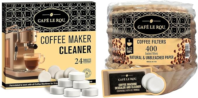 Cafe Le Rou Coffee Maker Cleaner and Descaler Tablets, Universal Cleaning Solution for All Machines | Paper Coffee Filters, 400 Count, Biodegradable, Natural Fibers 8-12 Cups