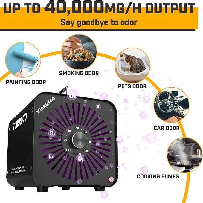 Ozone Machine Generator 40,000mg/h 8000 Sq. Ft. Ozone Machine Odor Removal for Home and Car with 120min timer All Metallic Black