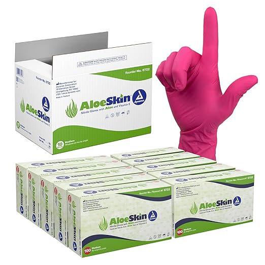Dynarex AloeSkin Nitrile Exam Gloves With Aloe Vera, Powder-Free, Disposable for Dry Hands, Magenta, Medium, 1 Case of 1000 - 10 Boxes of 100