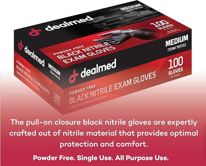 Dealmed Black Nitrile Exam Gloves – Disposable Multi-Purpose Use Medical Gloves Use for First Aid and Medical Facilities