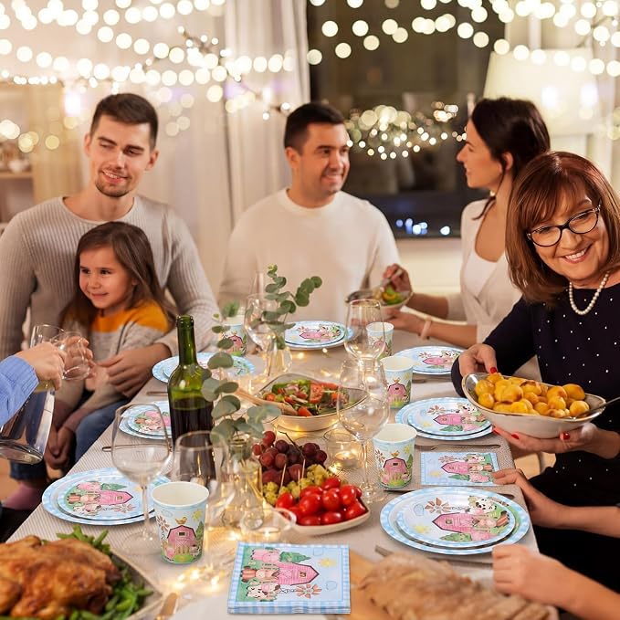 Pickmesh 250 Pcs Farm Animals Party Supplies Decorations Serve 50 Blue Farm Birthday Barn Animal Theme Disposable Paper Plates Napkins and Cups Dinnerware Cute Animal Baby Shower Party Decorations