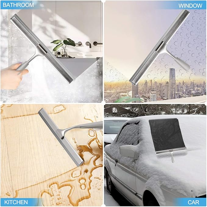 Shower Squeegee Squeegee for Shower Glass Door Bathroom Windows Kitchen Mirror and car Glass Most Practical 10 inch Durable Handle Silver