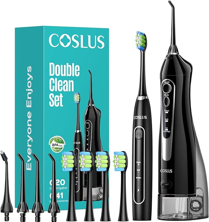 COSLUS C20 & C41 Portable Water Flosser with Electric Toothbrush Combo: 2-in-1 Oral Clean Kit for Teeth, Braces, Gums Care - Brushing & Flossing for Adults, Family, Travel Use, BPA-Free, Black