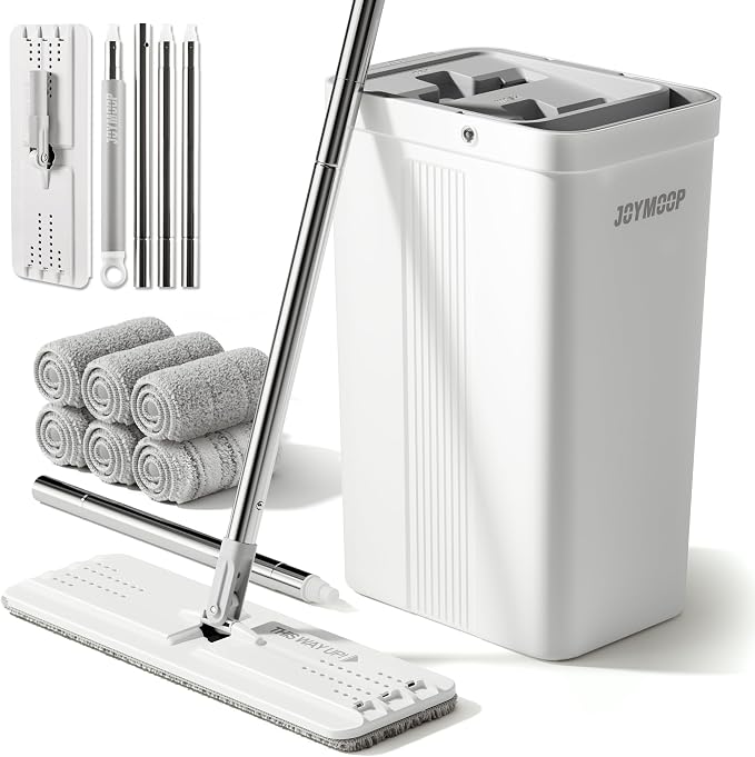 JOYMOOP Mops and Bucket with Wringer Set with 61" Mop Handle with Flexible 13" Flat Head with Flat Mop