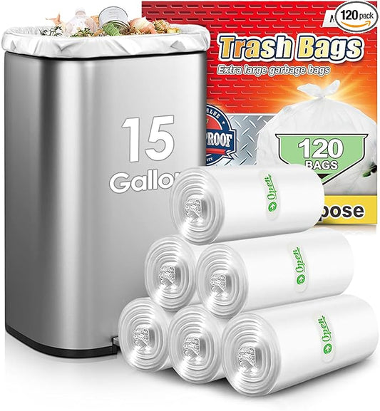 15 Gallon 120 Count Tall Kitchen Trash Bags 13 Gal 15 Gal 16 Gal fit 50-60 liter Garbage Bags by Teivio, Waste Basket Bags,Bathroom Trash Can Bin Liners, Plastic Bags for home office kitchen, Clear