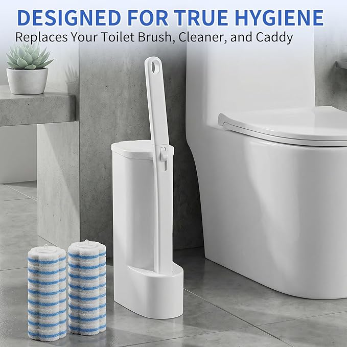 Wazzio 2 Pack Disposable Toilet Brush with Holder Set, 104 Count Toilet Wand Refills, Extended Handle Toilet Bowl Cleaner Brush for Bathroom and Bathtub Deep Cleaning