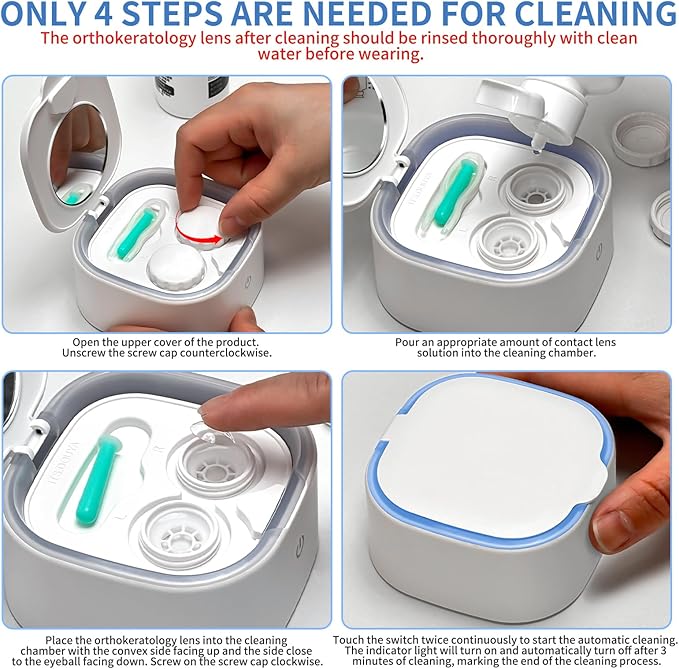 Contact Lens Cleaner, Ultrasonic Rigid Contact Lens Cleaner with USB Charger for OK Lenses, RGP, Colored and Soft Lenses (White)