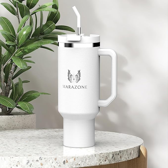 MARAZONE 40oz Stainless Steel Travel Tumbler Cup with Handle, Three-Position Lid, Straw with Silicone Tip, Vacuum Insulated Water Bottle for Hot & Cold Drinks, Great Gifts for Mom, White Dove