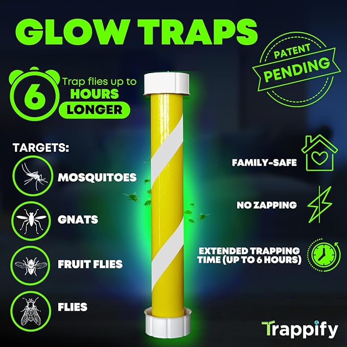 Glow-in-The-Dark Flies Stick by Trappify: Indoor & Outdoor Flying Insect Trap | Water-Resistant Sticky Traps for Fruit Fly Traps for Indoors and Fly Trap Indoor (4 Pack)