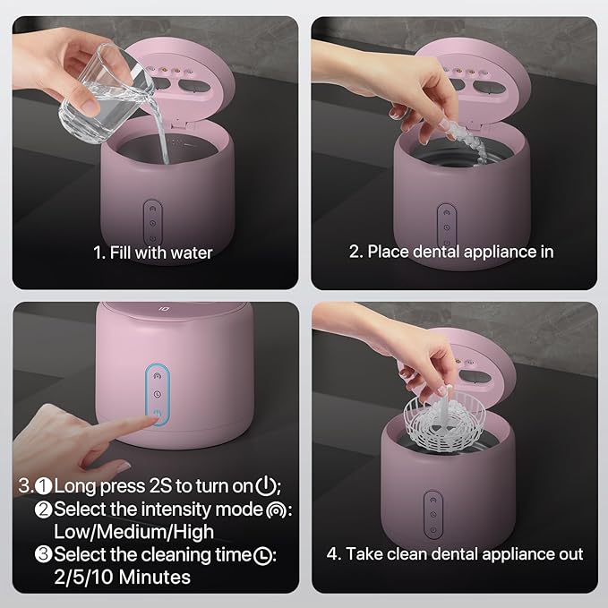 Ultrasonic Retainer Cleaner Machine, IPX6 Waterproof Denture Cleaner, 3 Modes Dental Cleaning Pod with RGB Indicator, 45kHz UV for Mouth Guards, 200ML Tank, Pink