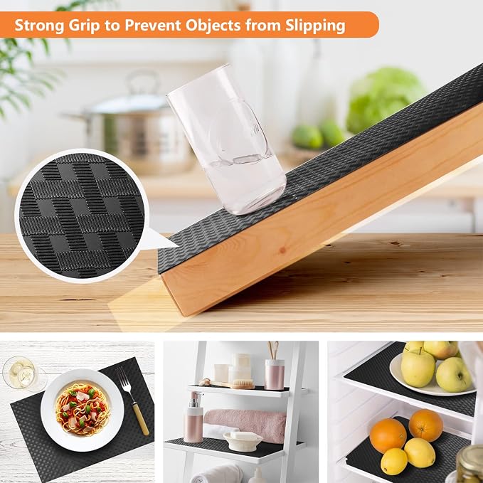 Shelf Liners for Kitchen Cabinets Refrigerator Liners Waterproof & Oil-Proof Kitchen Cupboard Liner Non-Slip Drawer Mats Non Adhesive Fridge Liner for Shelves - Black 11.8 x 59 Inch