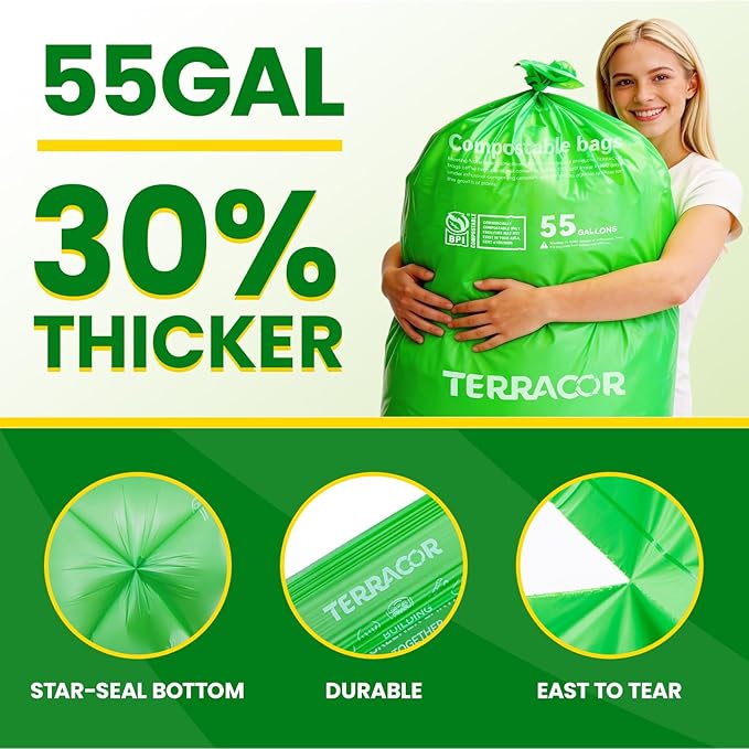 55-60 Gallon Compostable Trash Bags Liners, Heavy Duty Extra Thick 1.57 Mil, 208.2 Liter, 12 Bags, Lawn, Yard, and Restaurant Use, ASTM D6400, US BPI Certified