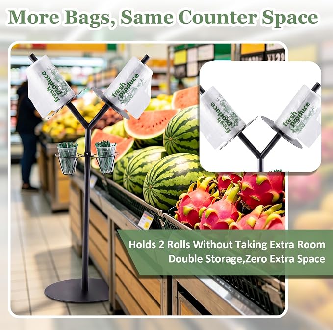 Zonon Dual Roll Grocery Roll Bag Holder Floor Standing 41 Inch Produce Bag Dispenser with Twist Tie Cup Organizer Black Straight for Supermarket Grocery Kitchen Storage