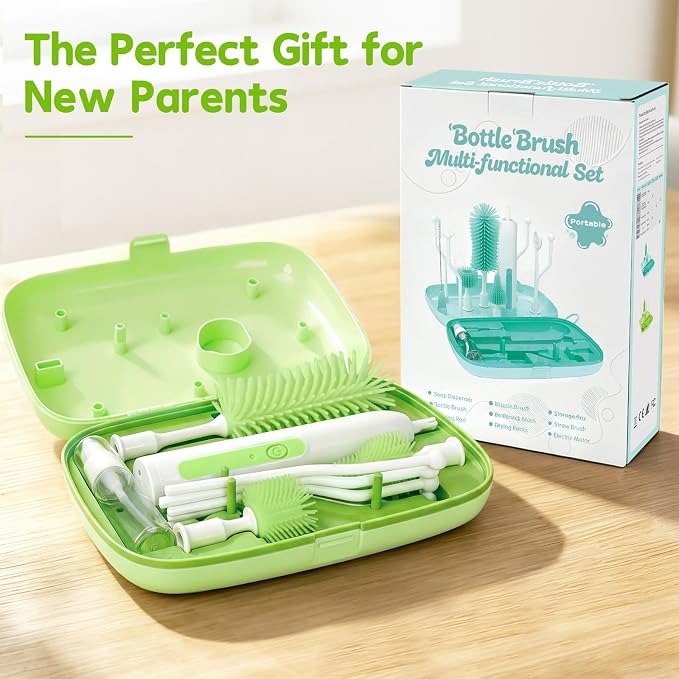Electric Bottle Brush Cleaner,Portable Electric Baby Bottle Brush Cleaner with Storage Box,Long Battery Life,IPX7 Waterproof,Rechargeable Baby Bottle Cleaning kit for Home & On-The-Go(Avocado Green)