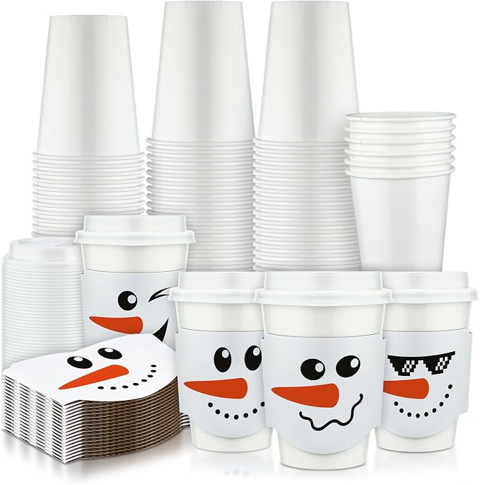 Ziliny 100 Pack 12 oz Christmas Disposable Paper Cups with Lids and Coffee Cup Sleeves Xmas Chocolate Cups Holiday Coffee Cups Snowman Paper Cups for Hot Cold Drinks Beverage Party Supplies