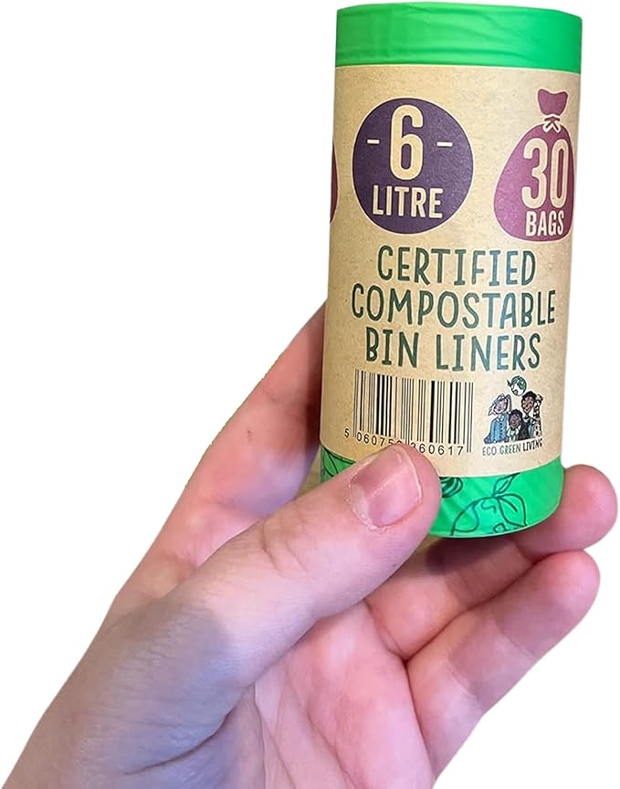 Eco Green Living 6 Litre Compostable Bin Liners – Plastic Free & Recyclable Caddy Bags for Food Waste, Leak Resistant Small Bin Liners, 36 x 66 cm - Quad Pack (120 Bags)