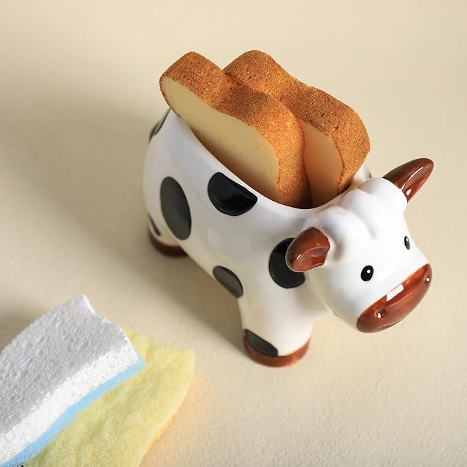 Ceramic Cartoon Cow Shape Sponge Holder for Kitchen Sink, Compact Sink Caddy Organizer, Sccouring Pad and Dish Sponge Holder