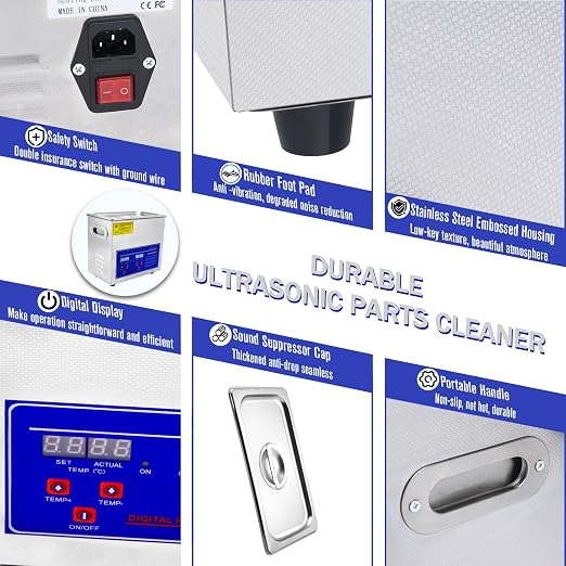 Heated Ultrasonic Parts Cleaner 3L Industrial Ultrasonic Carburetor Cleaner Machine with Digital Timer, Ultrasonic Parts Cleaner Automotive for Coin Dental Watch Cleaning, 110V