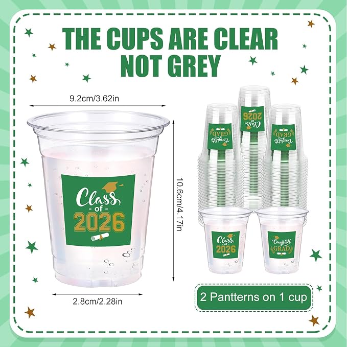 Amyhill 60 Pack 12oz Graduation Cups 2026 Graduation Decorations Disposable Plastic Cups Sturdy&Durable Drinkware for Class of 2026 Decorations Congrats Grad Party Favors Supplies (Gold Green)