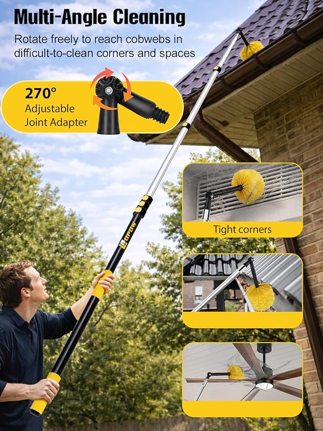 6-24 Feet Telescopic Pole with Cobweb Duster, Opow 32 Ft Reach Extension Pole with 2 Washable Cleaning Spider Web Brush Kit Duster Heads and Universal Joint Angle Adaptor for Outdoor & Indoor Cleaning