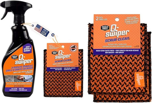 Grill & Grate Deep Cleaning Bundle – Q-Swiper Grill Cleaner Spray + Reusable Scrub-Clean Cloth (2-Pack)