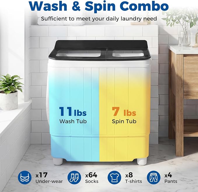 Giantex Portable Washing Machine, 18LBS Twin Tub Mini Compact Laundry Washer Spinner Combo with Drain Pump, 11Lbs Washer and 7Lbs Spinner for Apartments, RVs, Dorms, Black+White