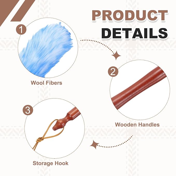 uxcell Wool Duster, 20.5" Natural Feather Cleaner Household Cleaning Duster with Solid Wooden Handle for Cleaning Fans Window Blinds Shelves Furniture, White Blue