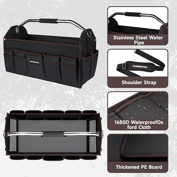 16 In Tool Carrier, Open Top Tool Tote 30 Pockets, Waterproof Tool Bag For Men, Foldable Wide Mouth Electricians Tool Bag, With Stainless Steel Handle and Removable Shoulder Strap