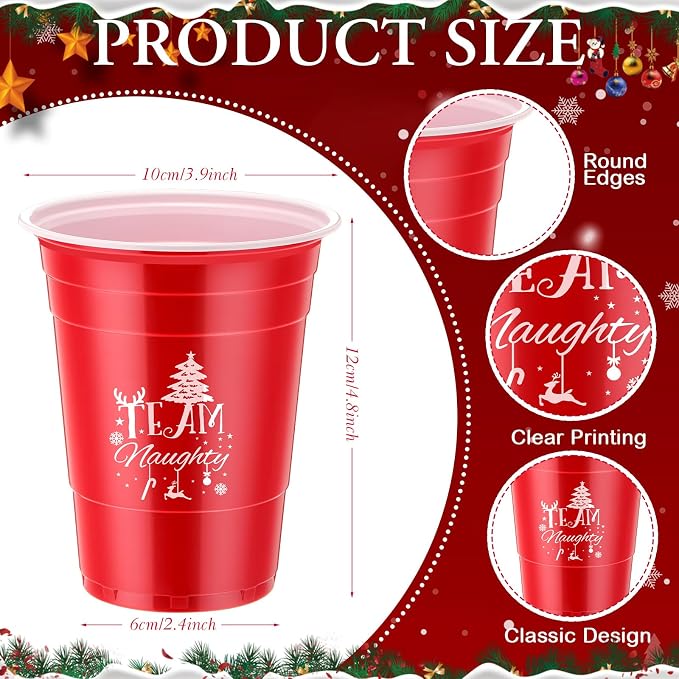 Sliner 100 Pcs 16 oz Christmas Disposable Cups Bulk Plastic Coffee Team Naughty or Nice Plastic Disposable Drinking Cups for Party Drinks Supplies