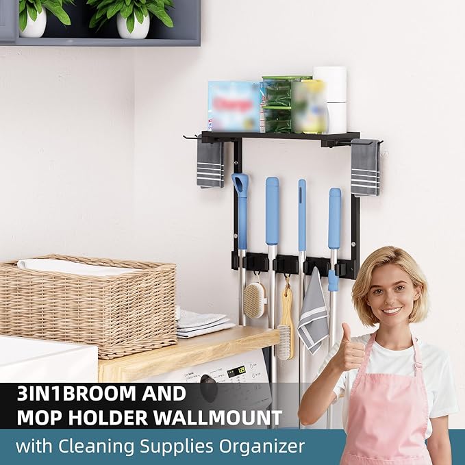 Broom Holder Wall Mount with Cleaning Supplies Organizer, Laundry Room Organization and Storage Shelves, Mop Hanger Broom Rack with Hooks, Home Improvement Kitchen Shelf Garage Organizer