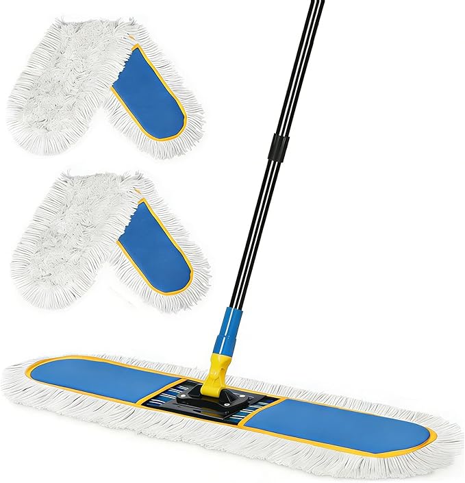 24" Commercial Dust Mop for Floor Cleaning, Heavy Duty Large Industrial Floor Duster with 2 Cotton Mops Pads, Wet Dry Mops for Hardwood Floors, Concrete, Marble, Laminate, Tile, Garage, Blue