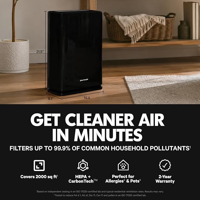 PuroAir 400 HEPA Air Purifier Large Room Air Cleaner up to 2,000 Ft² - HEPA CarbonTech Filter up to 500X Stronger - Air Quality Sensor, Auto & Quiet Sleep Modes - Air Purifiers for Large Rooms