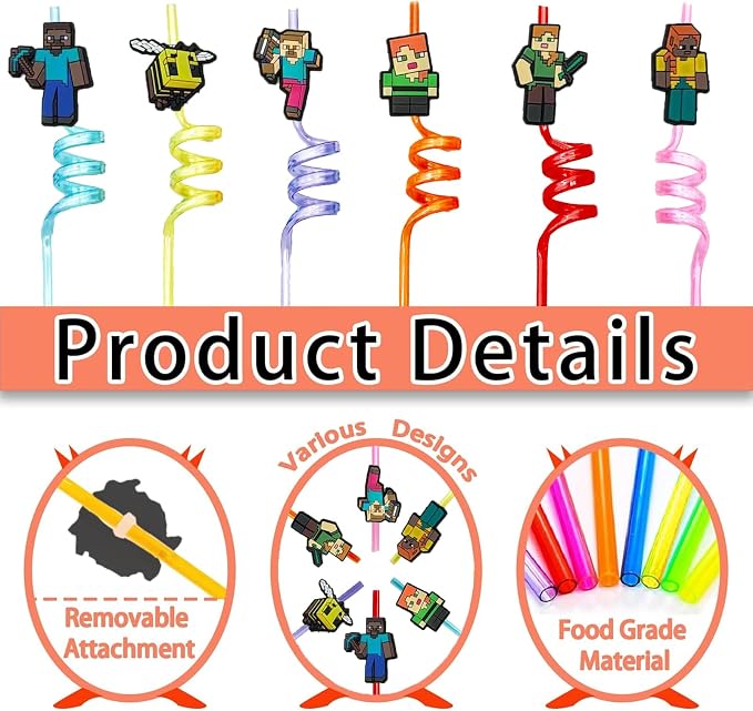 30pcs Pixel Straws Pixel Party Supplies Favors With 2pcs Cleaning Brush Plastic Reusable Straws Birthday Party Supplies For Boys Girls