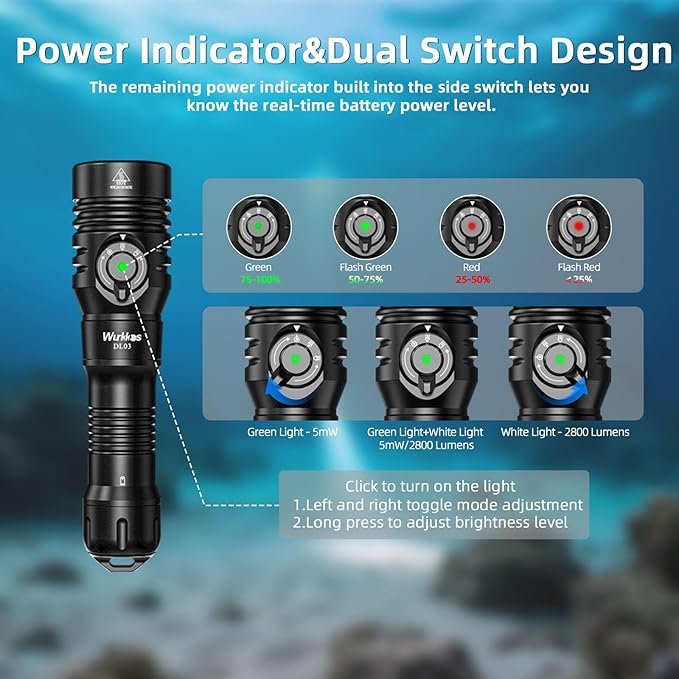 Wurkkos DL03 Dive Light, 2800 Lumens Scuba Diving Light, 1000M Green Beam and White Combo with Power Indicator, Type-C Rechargeable, IPX8 Waterproof for Night Dive Training Instructor Cave Exploration
