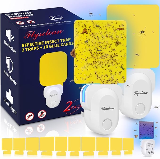 Flying Insect Trap Plug-in, Indoor Mosquito & Gnat Killer, Safe Non-Toxic UV Light Fly Catcher, Night Light Bug Trap with Sticky Pad for Flies, Gnats, Moths (2 Pack, Bright White)