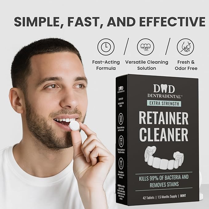 Retainer Cleaner Tablets - 1.5 Month Supply (42 Tablets) - Clean Retainers, Mouth Guards, Dentures - Removes Odor & Plaque (42 Pcs)