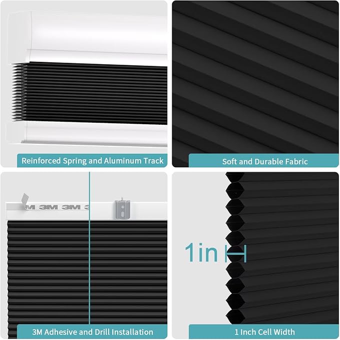 MYshade Custom Size Cellular Blinds for Indoor Windows Cordless Blackout Honeycomb Shades, No Tools, No Drill, Thermal Insulated, Noise Reduction, Room Darkening Window Blinds for Home, Black