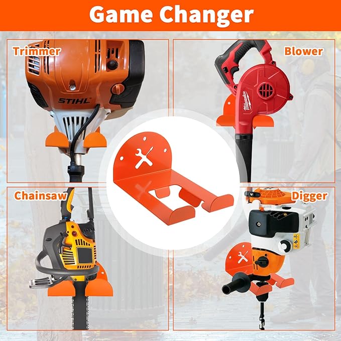 Upgraded Trimmer Rack Wall Mount - 8" Heavy Duty Weed Eater Hanger for Garage Wall, Garden Power Tool Holder Organizer Hooks for Grass Trimmer, Hedge Trimmer, Leaf Blower and Chainsaw, Orange, 4 Pack