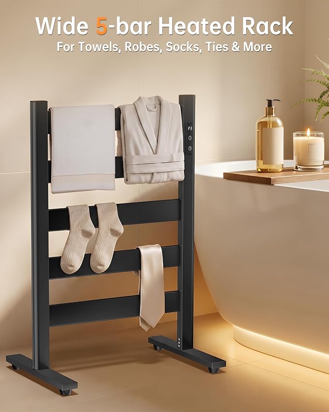 Freestanding Towel Warmer – 5-Bar Heated Towel Rack with Timer & Adjustable Temperature, Space Aluminum, Rust-Resistant, Fast Heating in About 10 Minutes for Bathroom & Spa,Matte Black